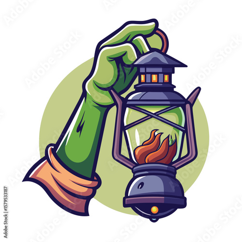 Halloween Glow A Spooky Hand Illustration Holding a Lantern With Flickering Flame