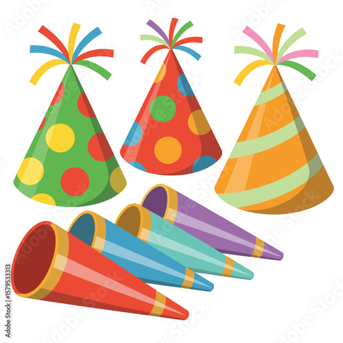 Colorful party hats and noise makers for celebration and fun