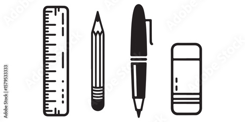 Collection of stationery items including ruler pencil pen and eraser silhouette isolated on white background