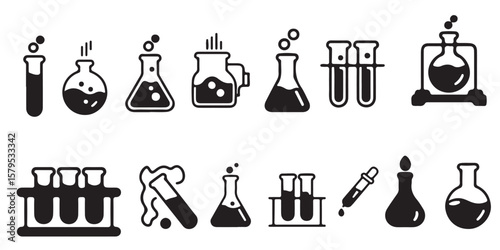 Collection of simple black chemical laboratory glassware icons silhouette isolated on white background