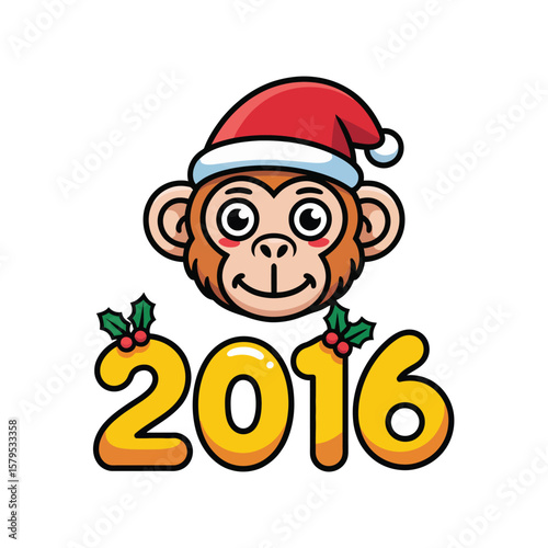Cute cartoon monkey wearing santa hat with 2016 year and holly berries