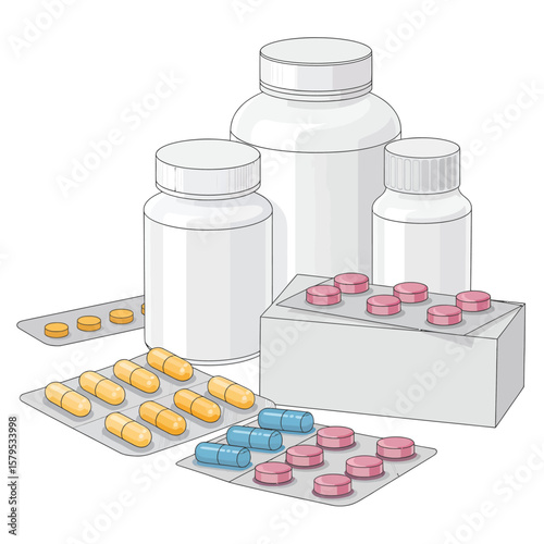 Various pharmaceutical products including pills capsules and bottles on a white background