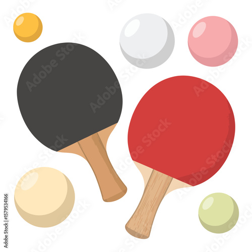 Two colorful ping pong paddles and several balls on a white background