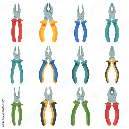Collection of twelve different types of pliers with colorful handles on a white background