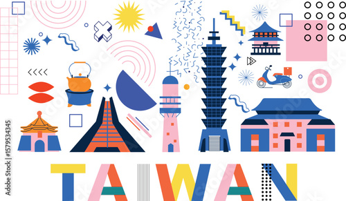 Typography word "Taiwan" branding technology concept. Culture travel set, famous architectures in flat and Memphis design. Business travel and tourism concept. Image for presentation, banner, web