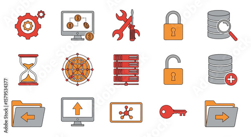 A set of 15 web, data, and technology icons