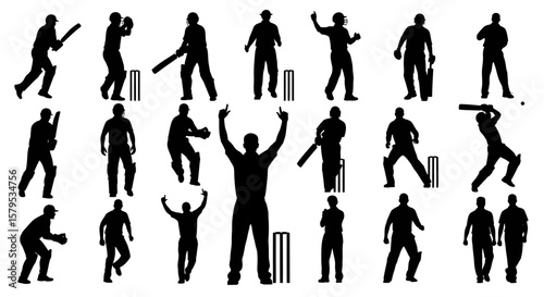 Cricket Players Batting, Bowling, and Fielding Silhouettes Set