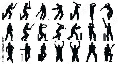 Cricket Players Batting, Bowling, and Fielding Silhouettes Set