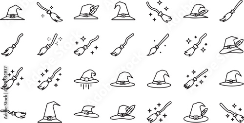 Outlined Witchcraft A Spooky Set of Halloween Broom and Hat Line Art
