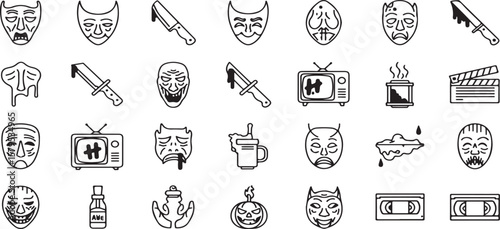 Movie Theme Icons Collection, black and white horror elements featuring masks, knives,  tv, and more, perfect for film-related Halloween designs.