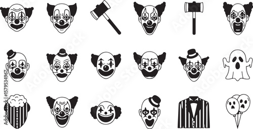 Creepy Clown Faces Spooky Illustration of Frightening Halloween Characters