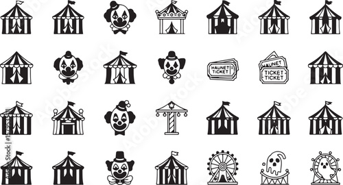 Whimsical Circus A Black and White Pattern of Playful Tents and Clowns with a festive flair 