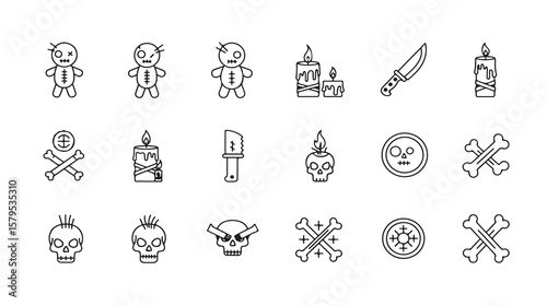 Voodoo Line Art A collection of doll icons in modern designs and Halloween themed elements with spooky details.