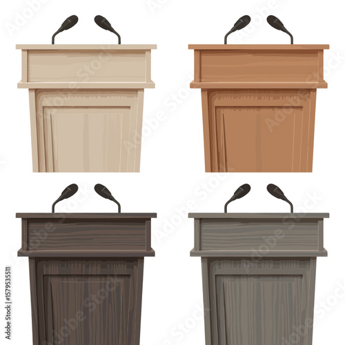 Four wooden podiums with microphones in different wood finishes and colors