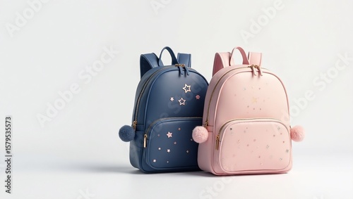 Kids backpacks with pink, blue, and stars.