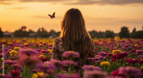 Woman in Flower Field Watches Butterfly at Sunset, Serene Scene