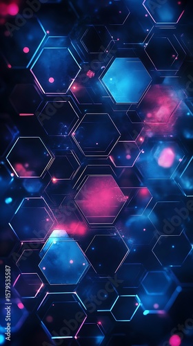 Abstract Hexagons Pattern with Neon Outlines, Glowing Blue and Pink Particles, Tech Design