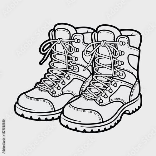 Detailed black and white line art illustration of a pair of hiking boots