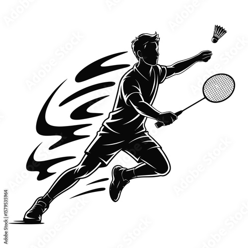 Silhouette of a male badminton player in action hitting a shuttlecock with a racket