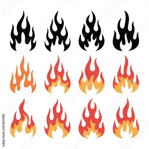 Collection of stylized flame icons in black orange and red colors