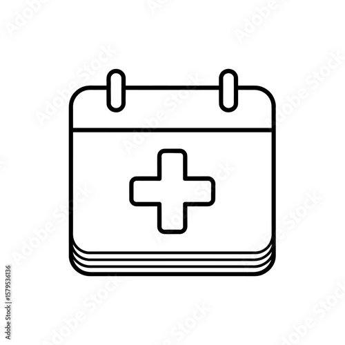 Simple outline icon of a calendar with a medical cross symbol on a white background