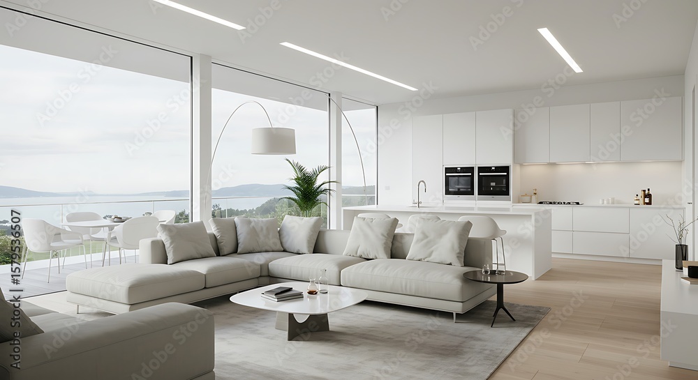 Fototapeta premium Modern living room interior with expansive windows, showcasing a serene coastal view and minimalist design.
