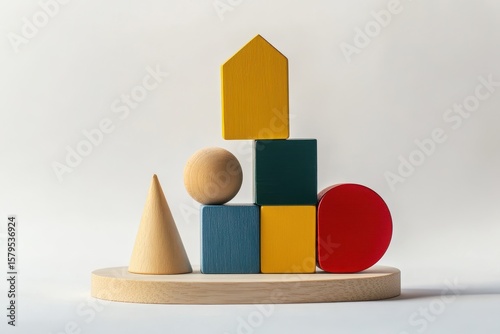 Image of a wooden children s shape sorter featuring colorful geometric pieces against a wh