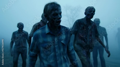 Creepy Zombie Apocalypse Undead figures walking in foggy landscape.