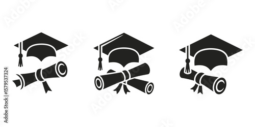 graduation cap and diploma on wooden background vector icon for education concept