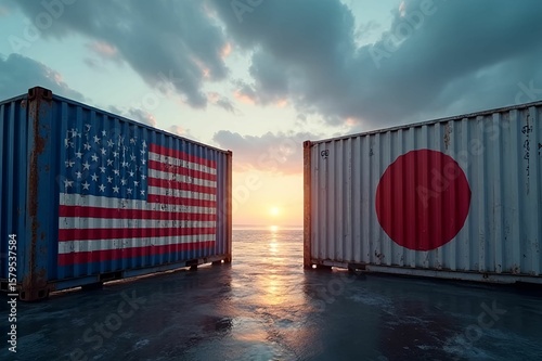 Two shipping containers stand side by side, one painted Japan flag and the other is the American flag. Global trade disputes, tariff conflicts, and trade war concept