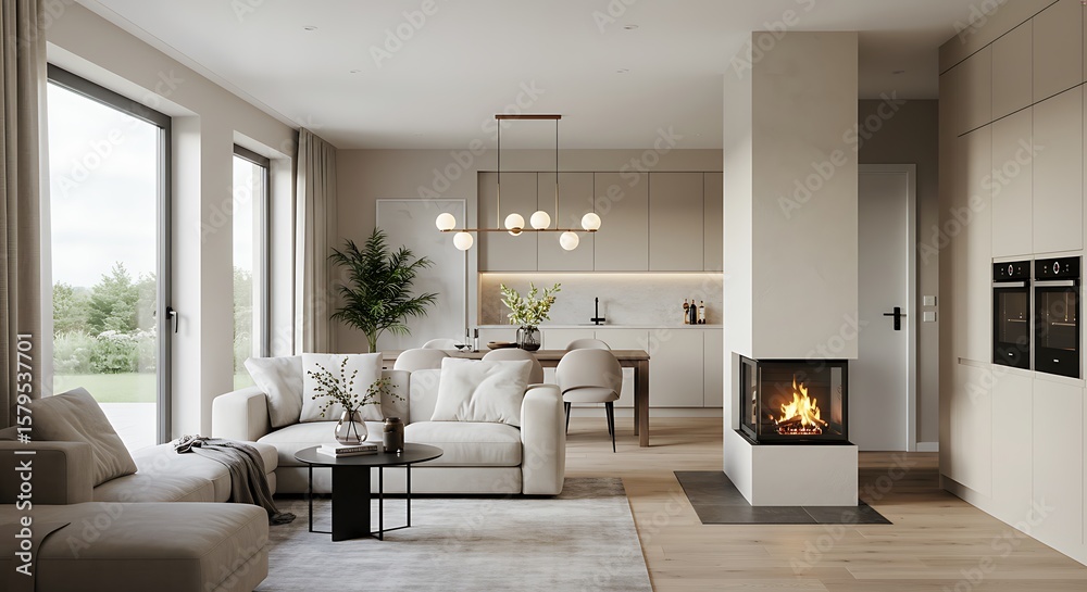 Fototapeta premium Modern minimalist living room design with open-plan kitchen and fireplace.