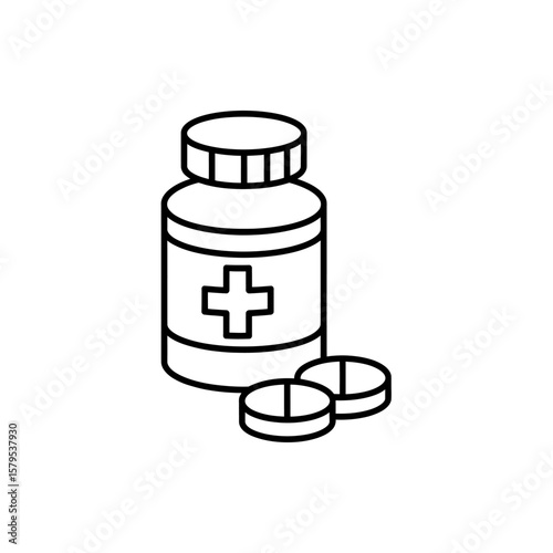 Simple outline icon of a medicine bottle with a cross symbol and two pills