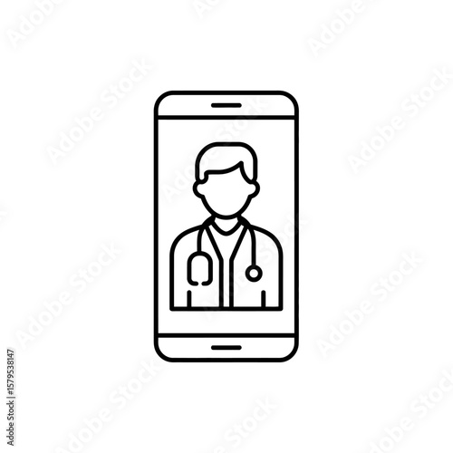 Doctor on smartphone screen icon representing telemedicine or virtual medical consultation