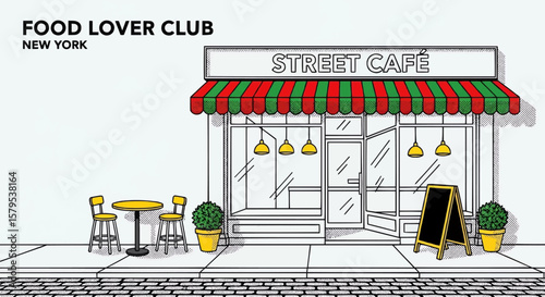 Pop Art Street Cafe Illustration: A Bold Graphic Novel Aesthetic with a Striped Awning, Outdoor Seating, Chalkboard Sign, and "FOOD LOVER CLUB NEW YORK" Title
