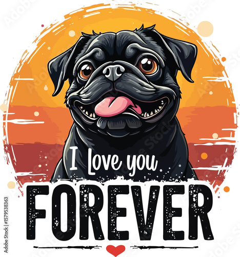 Black pug with sunset and love message orange