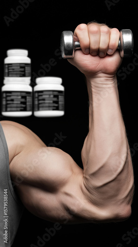 Male adult caucasian arm with dumbbell and supplement bottles