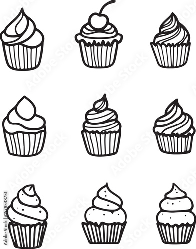  set of  hand drawn line art vector of cute cupcakes