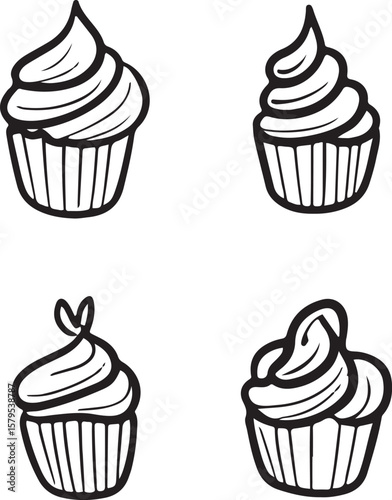 set of  hand drawn line art vector of cup cakes