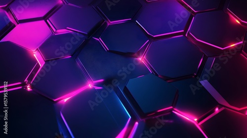 Dark Hexagon Tiles Texture with Pink and Blue Neon Glowing Edges Abstract Design