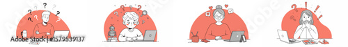 Illustration of a woman with short gray hair working at a cluttered desk with a laptop in a four-panel sequence