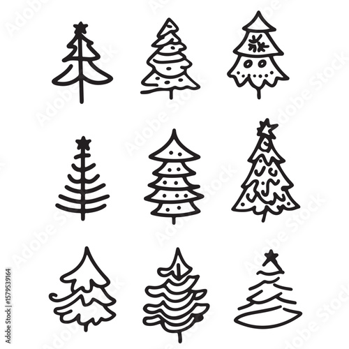 set of set of  hand drawn line art vector of Christmas trees