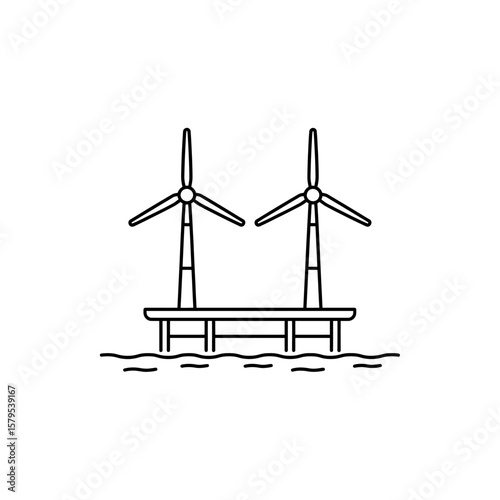 Two offshore wind turbines on a platform in the ocean line art icon
