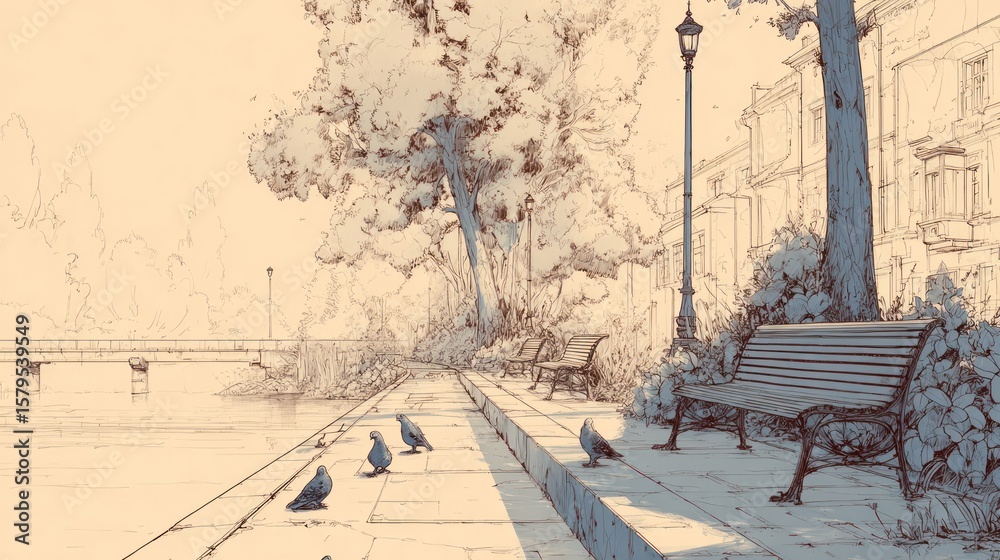 Obraz premium A tranquil riverside scene, sketched in light tones