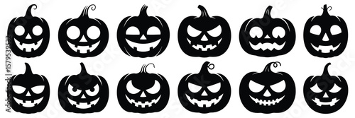 Halloween horror pumpkin silhouettes set large vector pack with spooky jack-o-lantern designs isolated on white background