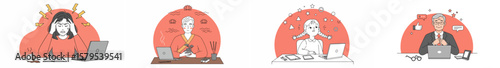 Four people working in red circular segments illustration
