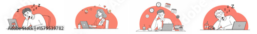 Four-panel illustration of remote work with individuals using laptops in home office settings