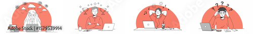 Illustration of four professionals in different work scenarios framed in red semi-circular arches