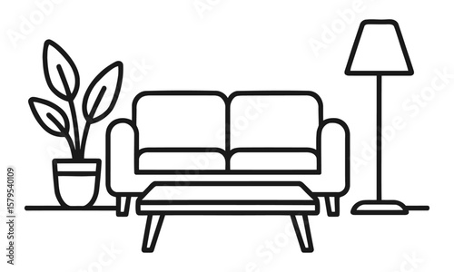 Modern Living Room Outline - Sofa, Lamp, Table & Plant Vector