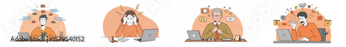 Multi-panel illustration of four people working at laptops with expressions of productivity and stress