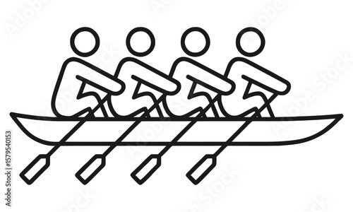 Team Rowing Boat Outline Icon - Four People Rowing Vector